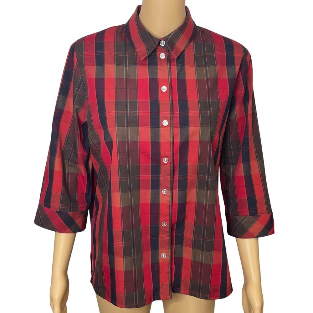 Kim Rogers Petite Essentials Women's 10P Red Black Plaid Button Up Blouse Shirt